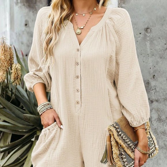 Apricot Boho Womens Half Button Raglan Sleeve Knot Detail Romper - Picture 3 of 5
